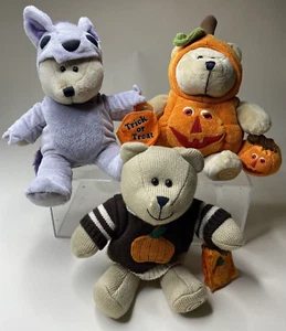 3 Starbucks Halloween Bearista Bears Plush 2008 Pumpkin  2009 Sweater 2010 Wolf - Picture 1 of 12