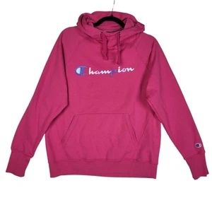 Champion Sweatshirt Women's Large Hot Pink Colorful Spellout Hooded Athleisure - Picture 1 of 7