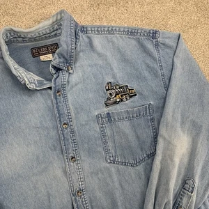 VTG Rivers End Trading Co XXL Worn Denim Shirt Embroidered Train Button Up - Picture 1 of 6
