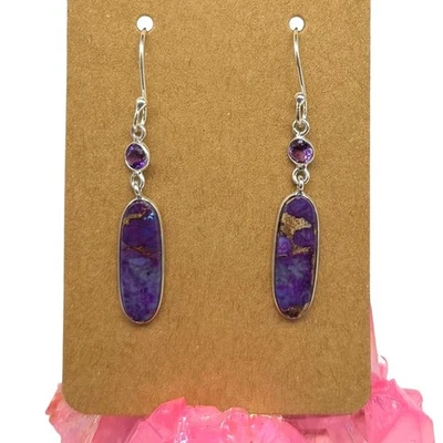 Kingman Purple Copper Turquoise Amethyst Earrings Solid 925 Sterling Silver - Image 1 of 4