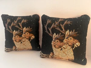 Reindeer Tapestry Two Small Pillows 5"x5" Navy with Solid Red Maroon Back - Picture 1 of 4