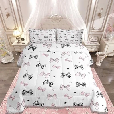  Conjunto de roupa de cama arco menina fofo coquete bowknot duplo rosa claro preto - Imagem 1 de 4
