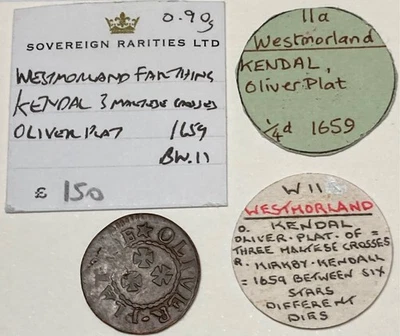 1659 Westmorland KENDAL hammered FARTHING token OLIVER PLAT 3 MALTESE CROSS W 11 - Image 1 of 4