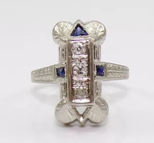 VTG 18K White Gold Art Deco European Cut Diamond & Sapphire Ring Size 5.5 FZ - Foto 1 di 6
