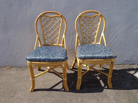 Pair of Rattan Chairs Woven Seat Bohemian Boho Chic Style Coastal Tropical Cover