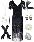 Women's 1920s Gatsby Inspired Sequin Beads Long Fringe Flapper Dress w/Accessori