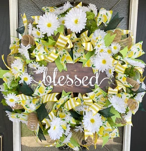 Corona porta anteriore XL BENEDETTA limone e margherita floreale deco maglia fatta a mano decorazione casa - Foto 1 di 6