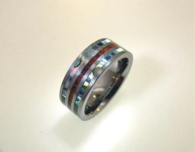 8 毫米 正品 夏威夷 KOA 木制 ABALONE 857 TUNGSTEN 碳化物舒适平底戒指 #3 — 第 1/4 张图片