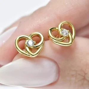 1 Ct Round Cut Lab Created Diamond Heart Stud Earrings 14K Yellow Gold Plated - Picture 1 of 4