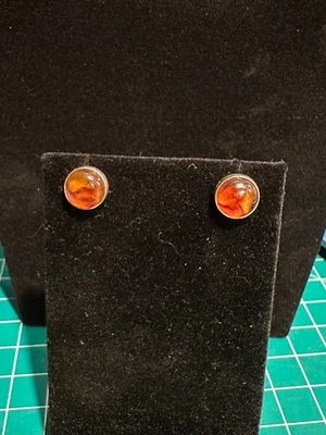PENDIENTES PERFORADOS PLATA ESTERLINA 925 CABUJÓN REDONDO ÁMBAR POSTE JOYERÍA Foto 1 de 4