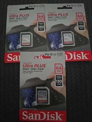 Lot of 3 SanDisk  Ultra Plus SDXC UHS-I Memory Card SDSDUW3-064G-AN6IN - Image 1 of 3