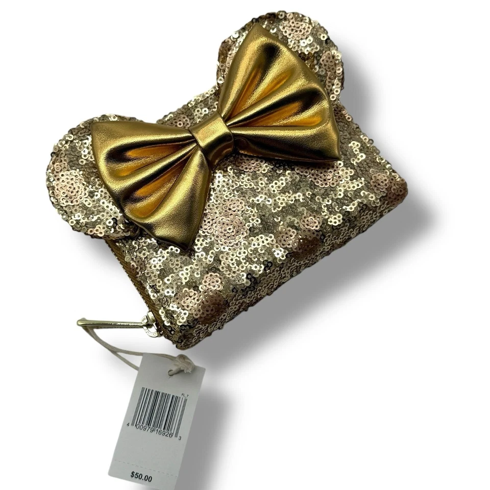 Disney Parks Gold Sequin Minnie Mickey Ear Wristlet Wallet Loungefly