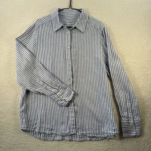 M&S Linen Shirt Women Size UK 14 Blue & White Striped Long Sleeve Top Button Up - Picture 1 of 12