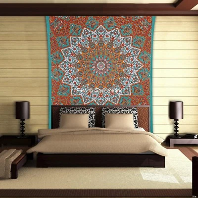 Tapiz Mandala Indio Verde Doble Estampado Decoración de Pared Algodón Boho Dormitorio Hippie Foto 1 de 3