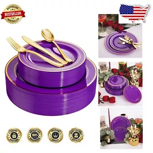 Sturdy 200PCS Purple Dinner Plates & Gold Cutlery Set - Perfect for Celebrations - Picture 1 of 9