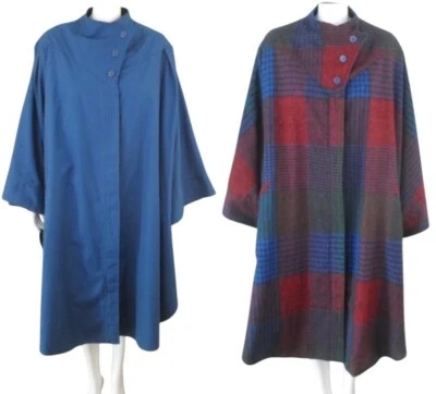 Vintage PORTRAIT Reversible Poncho Cape Womens M Blue Patchwork Plaid Print - Изображение 1 из 4