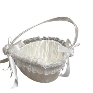 Wedding Flower Girl Basket White Satin Heart Shaped Roses Bows Lace NWOT - Picture 1 of 6