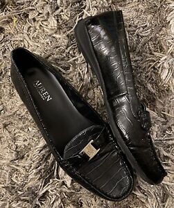 Lauren Ralph Lauren Careigh Loafer Shoes Black Faux Croc Patent Leather Size 9B