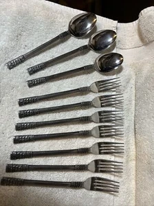 Unbranded Basket Weave 3 Soup Spoons 7 Dinner Forks Stainless Flatware Japan - Picture 1 of 10