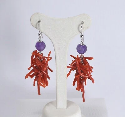 CORALLO ROSSO ORECCHINI  ARGENTO 925 FRANGE E  AETISTA NATURALE      -AGHT 0319- - Immagine 1 di 3