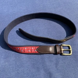 Vineyard Vines Belt Mens sz 32 Red Ice Hockey Brass Canvas Leather Made in USA - Picture 1 of 13