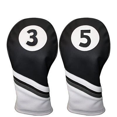 Majek Golf Headcover Black & White Leather Style 3 & 5 Fairway Wood Head Covers - Image 1 of 4