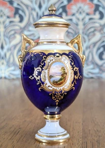 19th Century Miniature Coalport Cobalt Gilt Porcelain Landscape Antique Urn Vase - Picture 1 of 10