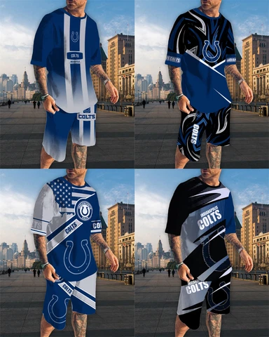 Indianapolis Colts Mens Short Sleeve Top Drawstring Board Shorts 2pcs Outfits Cover