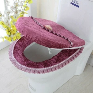2Pcs Velvet Lace Toilet Seat Cover Winter Bathroom Lid Pads Closestool Mat - Picture 1 of 17