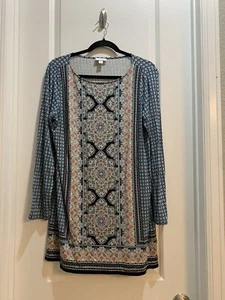 Abito tunica J Jill blu medio paisley manica lunga girocollo lunghezza 32" - Foto 1 di 6