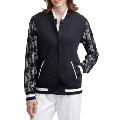 NEW Karl Lagerfeld Black Blend Cotton Lace Sleeve Bomber Jacket Women's Sz L - Image 1 of 4