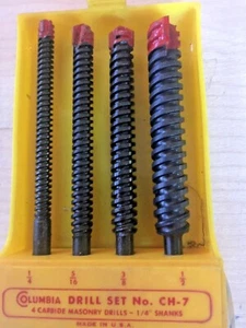 4Pcs. Set, Columbia Carbide Tipped Masonry Drills 1/4, 5/16,3/8,1/2, 1/4" Shank - Picture 1 of 3