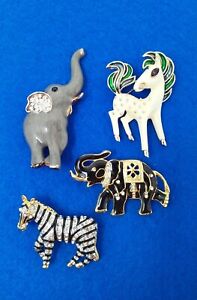 Lot of 4 Rhinestone Enamel Brooch Pins: Grey & Black Elephants, Zebra, Horse