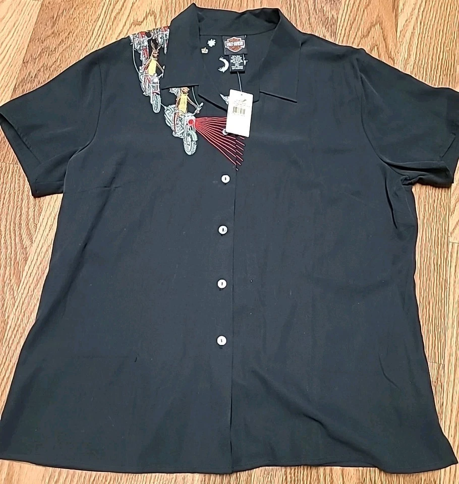 Blusa de motocicleta vintage anos 90 Tori Richard Harley Davidson bordada de seda Papai Noel - Imagem 1 de 4