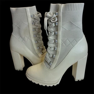 JustFab Booties Sz 8 Shandee Knit Lace-Up NIB Bone Beige 4.5″ Heel - Picture 1 of 10