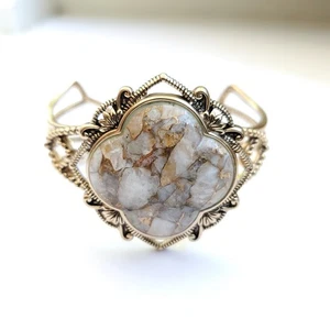 Barse Goldtone Bronze Cuff Bracelet Ornate Sanibel White Calcite Boho Statement - Picture 1 of 3