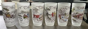 Vintage 1950er Currier und Ives mattiert große Tumbler Gläser mit bemalter Szene 6 Stück - Bild 1 von 8
