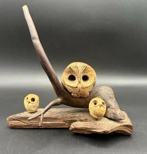 Vintage Handgeschnitzte Holz Figur Statue Eulen Volkskunst  - Bild 1 von 8