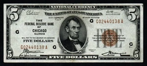 1929 $5 CHICAGO Beautiful CRISP AU Federal Reserve Bank Note! - Picture 1 of 2
