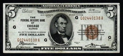 1929 $5 CHICAGO Beautiful CRISP AU Federal Reserve Bank Note! - Image 1 of 2