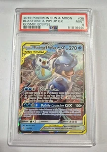 PSA 9!! Blastoise & Piplup GX 38/236 Sun Moon Cosmic Eclipse Holo raro tag team - Foto 1 di 2
