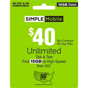 SIMPLE Mobile $40 15 GB Data, Unlimited Talk & Text Plan [Physical Delivery] - Picture 1 of 6