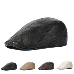 Men's Solid Faux Leather Ivy Gatsby Driver Hat Casquette Peaked Newsboy Flat Cap - Picture 1 of 6