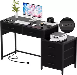 52" Home Office Desk with Power Outlets File Cabinet and Printer Stand Black BL - Picture 1 of 8
