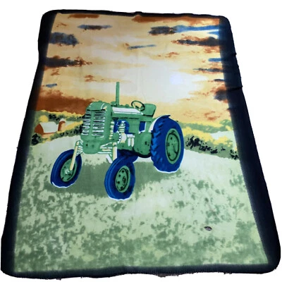 Green Tractor at Sunset Scene Fleece Throw Blanket 47 X 61”. Has Small Burn Hole - Image 1 of 4
