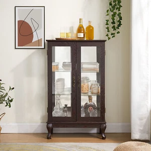 2 Doors Curio Cabinet Tempered Glass Doors Curio Cabinets Mirrored Back Panel Ad - Picture 1 of 20