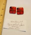 Handmade Square Red Glass Gold Tone Design Infused glass earrings