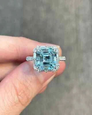 Asscher 3.23 Ct Natural Aquamarine Diamond Bridal Wedding Ring 14K White Gold - Image 1 of 4