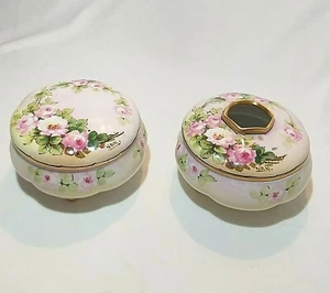 M&Z Austria Haarempfänger Pulverglas KOMMODE SET Antik HP rosa Rosen SIGNIERT - Bild 1 von 12