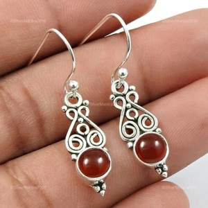 Round Carnelian Gemstone Dangle Earrings Wedding Gift Solid 925 Silver Jewellery - Picture 1 of 8